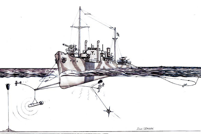 Sperrbrecher en cours de déminage